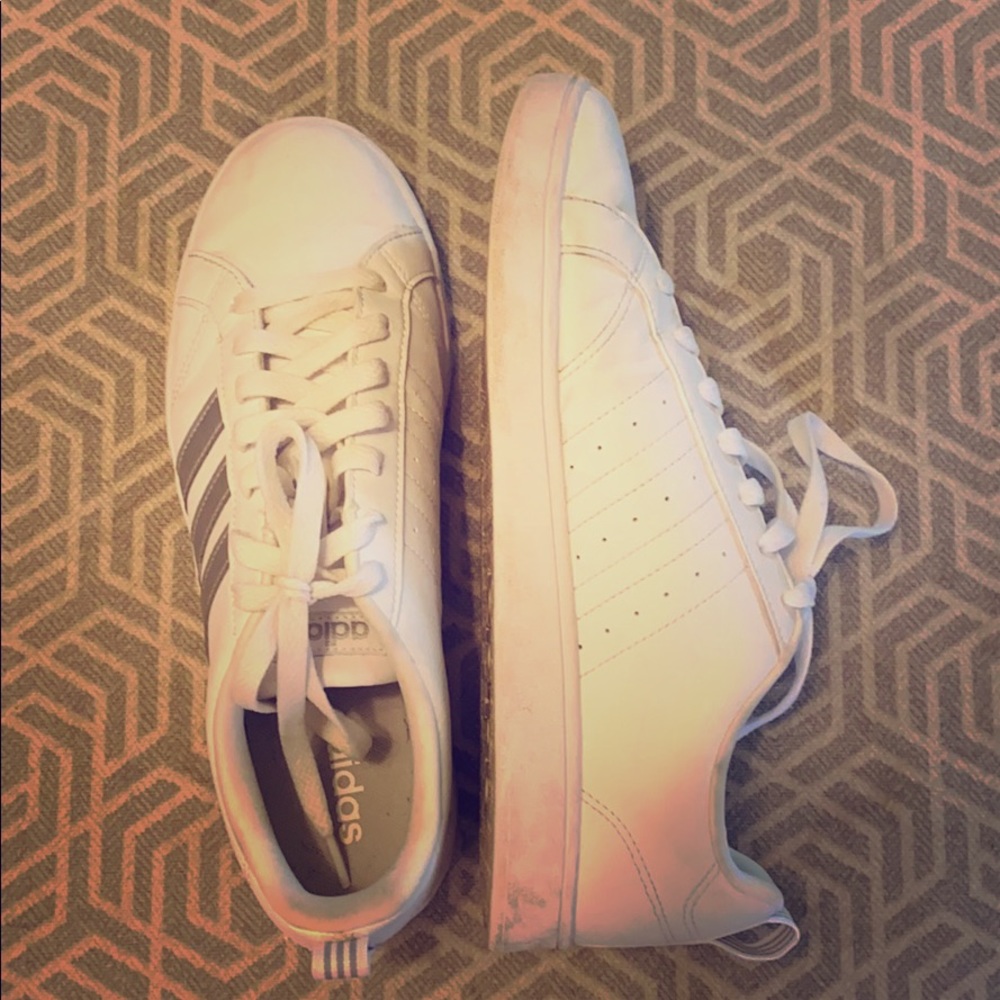 ADIDAS White Leather Sneaks with Silver Stripes